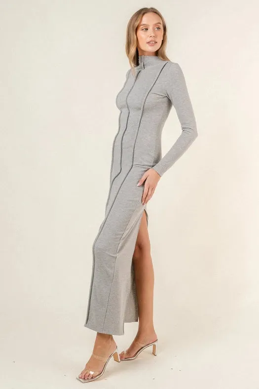 Long Sleeve Princess Line Back Slit Maxi DRESS  H. GREY