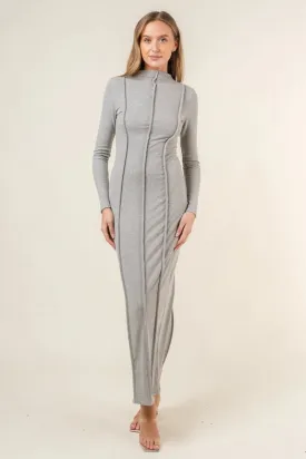 Long Sleeve Princess Line Back Slit Maxi DRESS  H. GREY