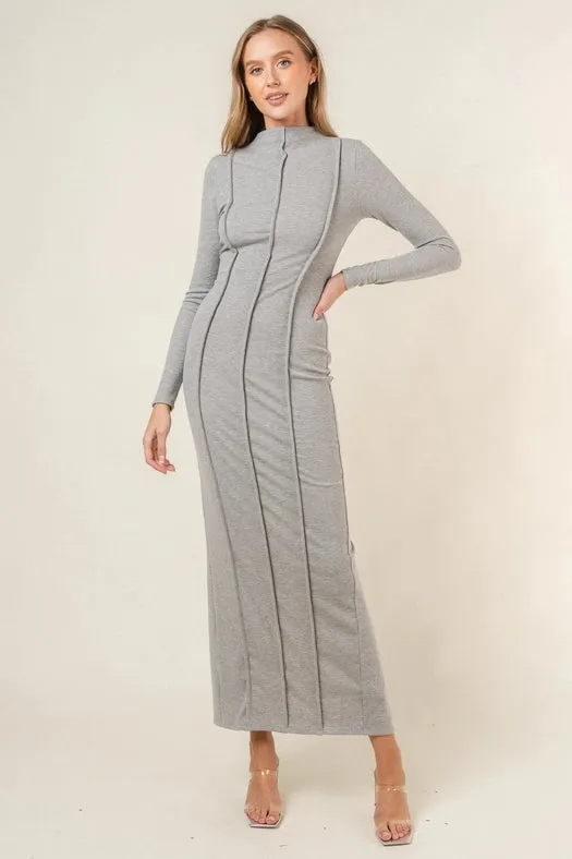 Long Sleeve Princess Line Back Slit Maxi DRESS  H. GREY