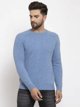 Mens Blue Round Neck Solid Alpaca Wool Pullover