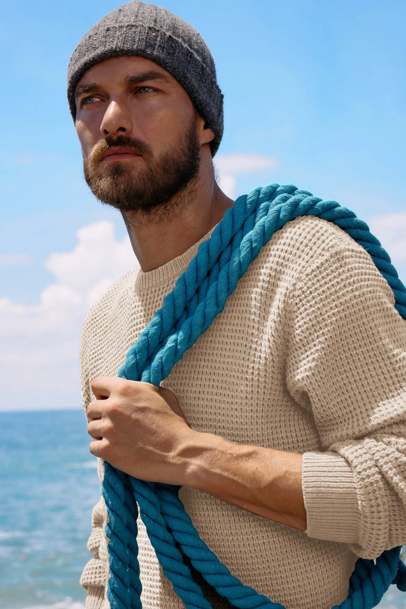 Mens Crewneck Pullover Sweater Waffle Textured Long Sleeve Knitted Sweater