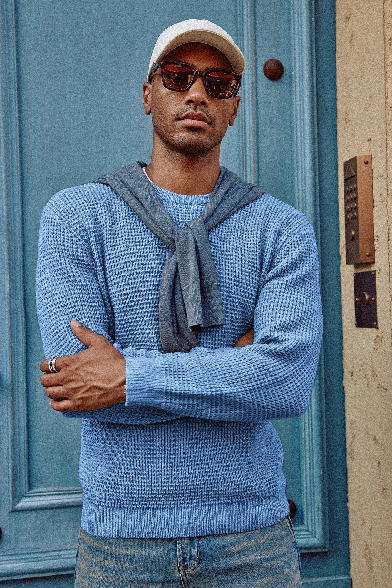 Mens Crewneck Pullover Sweater Waffle Textured Long Sleeve Knitted Sweater