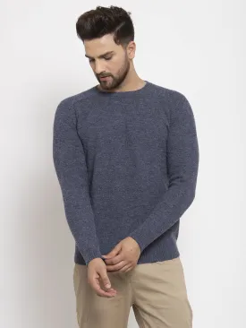 Mens Navy Blue Round Neck Solid Alpaca Wool Pullover