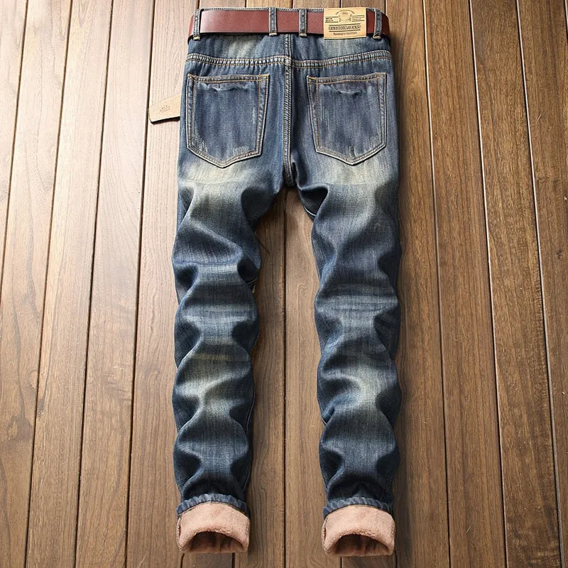 Men's Ripped Fleece Lined Hole Patch Straight Denim Jeans