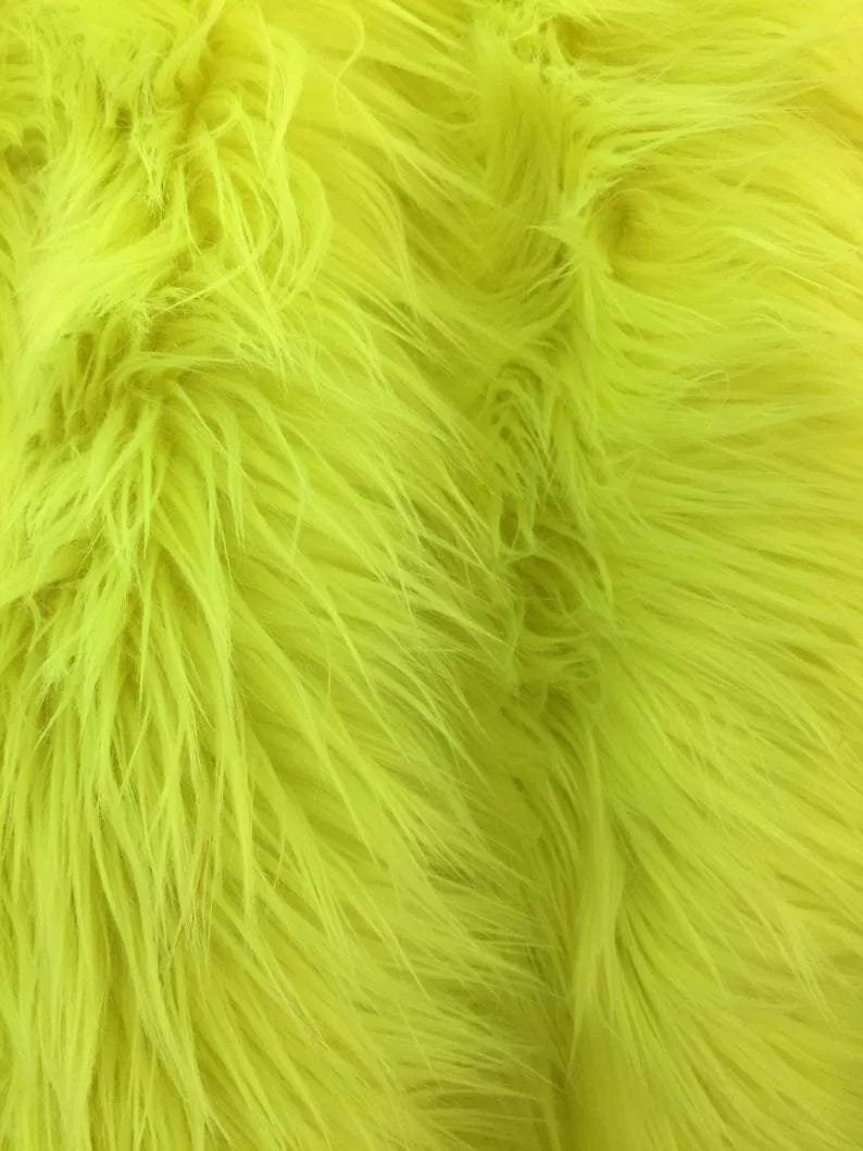 Neon Green Solid Mongolian Long Pile Animal Faux Fur Fabric For Coats, Fur Clothing, Blankets, Bed Spreads, Throw Blanket Sold By The Yard