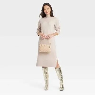 New - Women's Long Sleeve Midi Sweater Dress - A New Day Taupe S