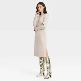 New - Women's Long Sleeve Midi Sweater Dress - A New Day Taupe S
