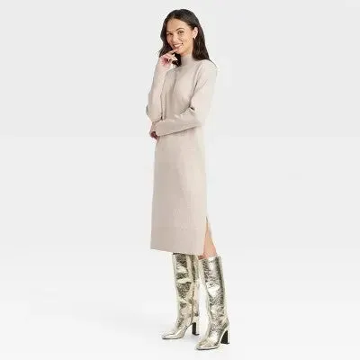 New - Women's Long Sleeve Midi Sweater Dress - A New Day Taupe S