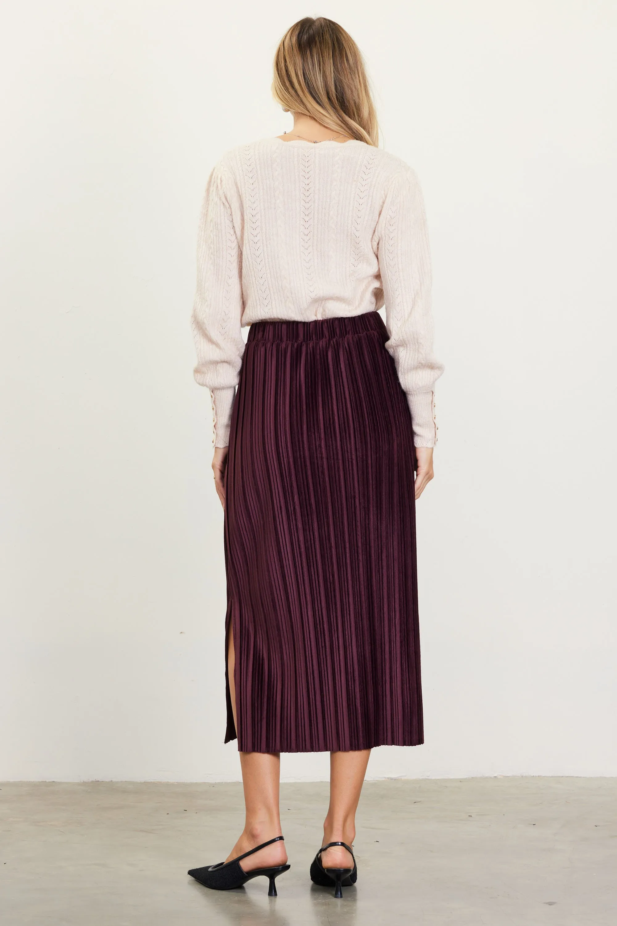 Pleated Velvet Midi Skirt