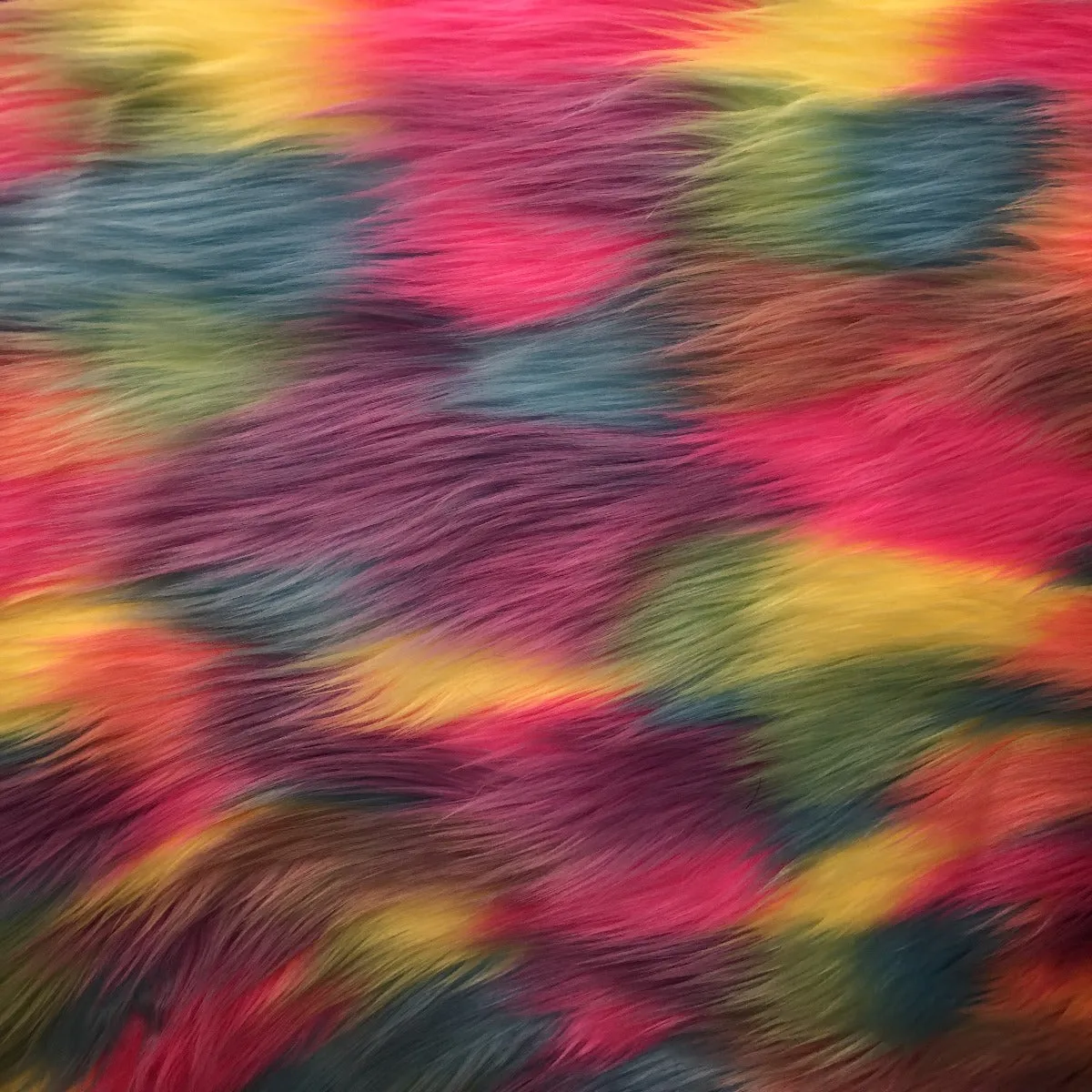 Rainbow Patchwork Long Pile Faux Fur Fabric