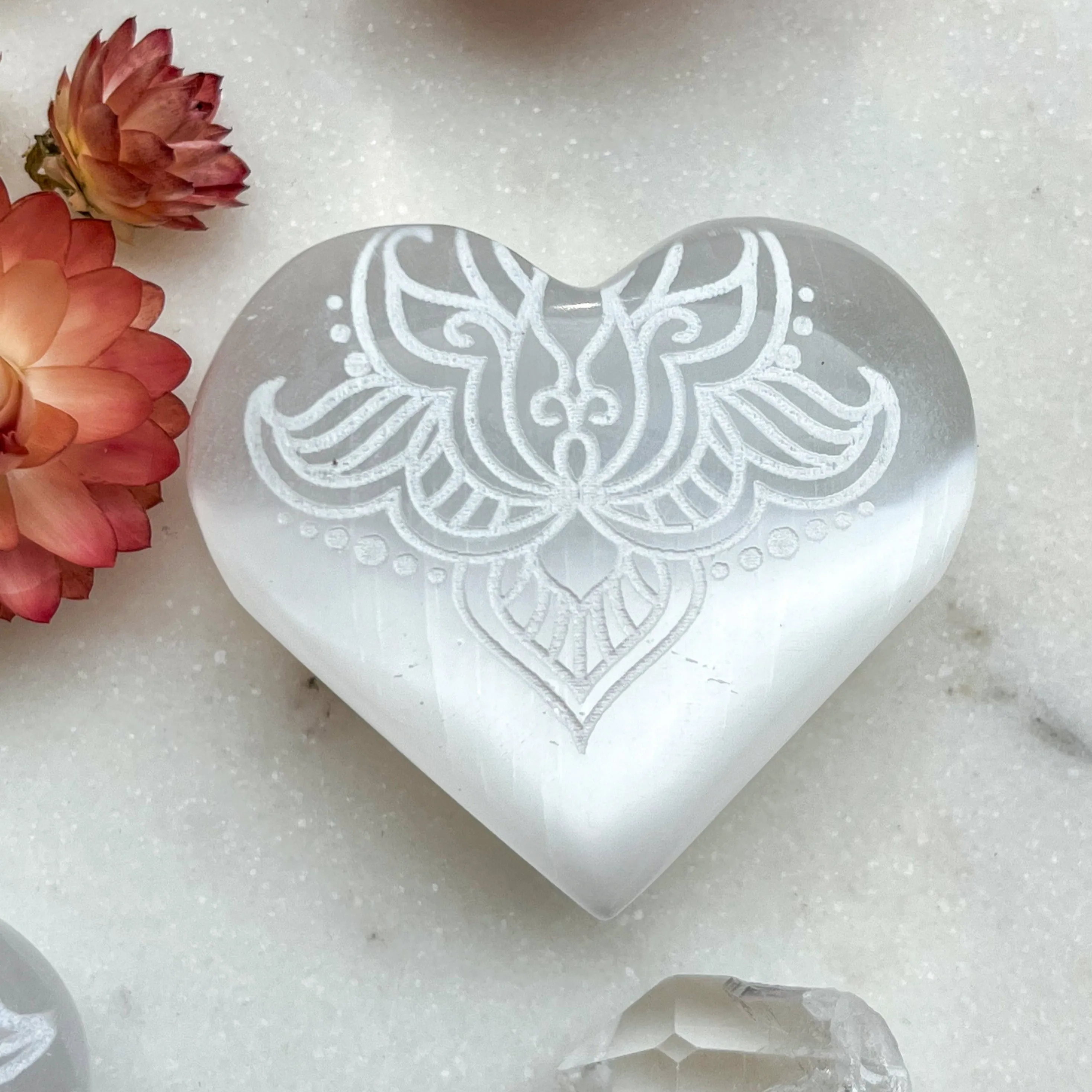 Reiki-Charged Engraved White or Peach Selenite Heart Palm Stone *Buy 3 Get 1 Free   BONUS Meditation*
