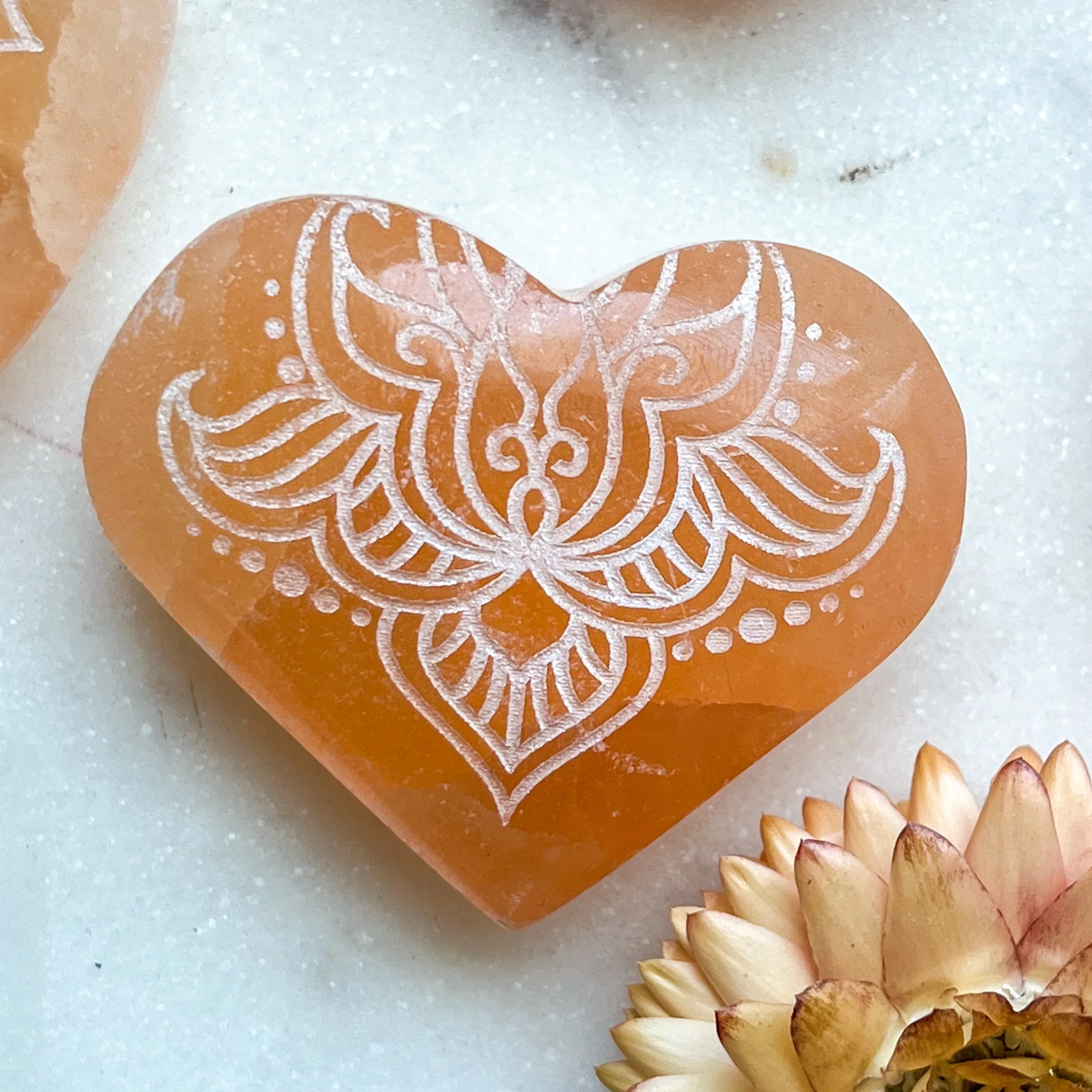 Reiki-Charged Engraved White or Peach Selenite Heart Palm Stone *Buy 3 Get 1 Free   BONUS Meditation*