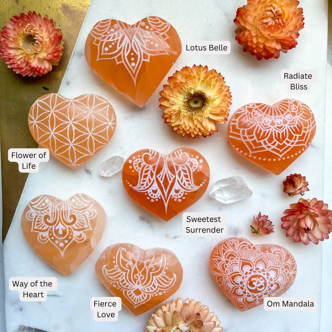 Reiki-Charged Engraved White or Peach Selenite Heart Palm Stone *Buy 3 Get 1 Free   BONUS Meditation*