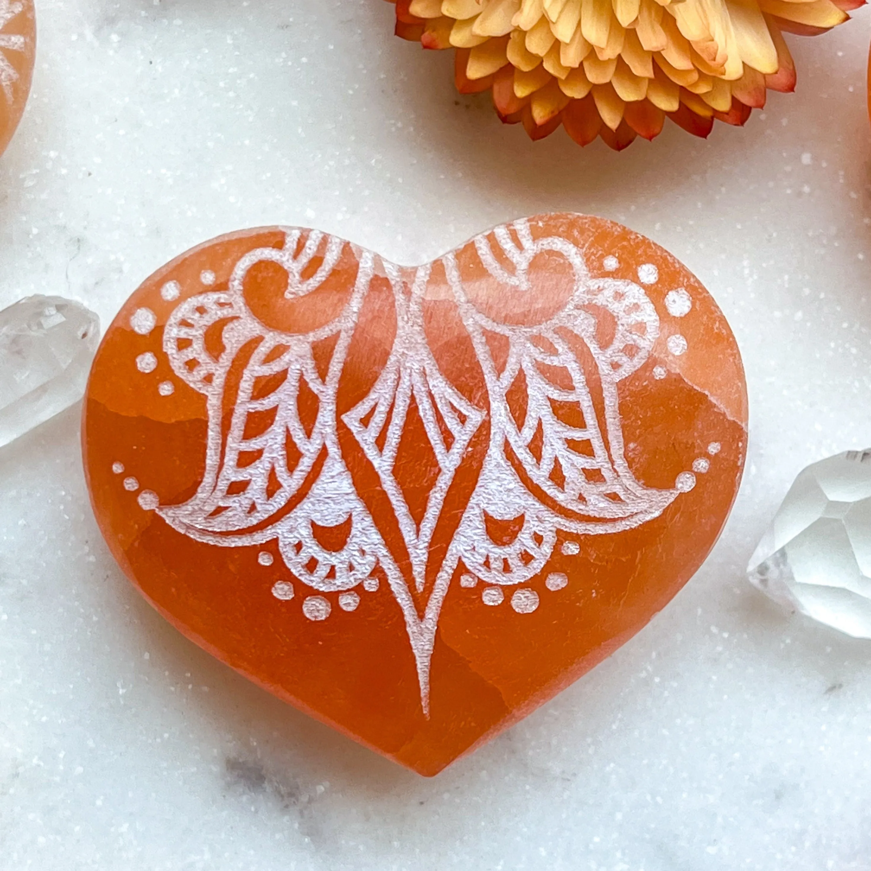 Reiki-Charged Engraved White or Peach Selenite Heart Palm Stone *Buy 3 Get 1 Free   BONUS Meditation*