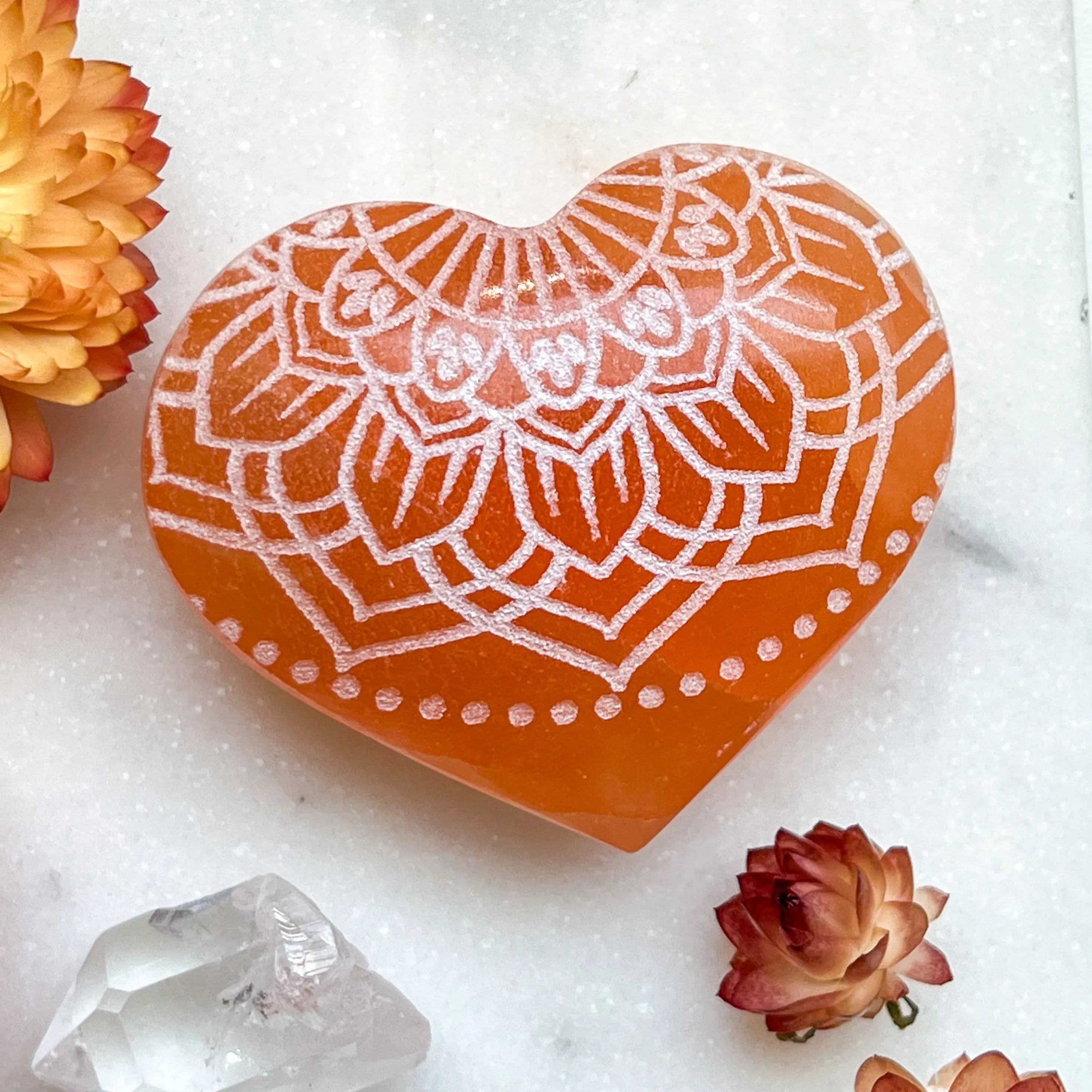 Reiki-Charged Engraved White or Peach Selenite Heart Palm Stone *Buy 3 Get 1 Free   BONUS Meditation*