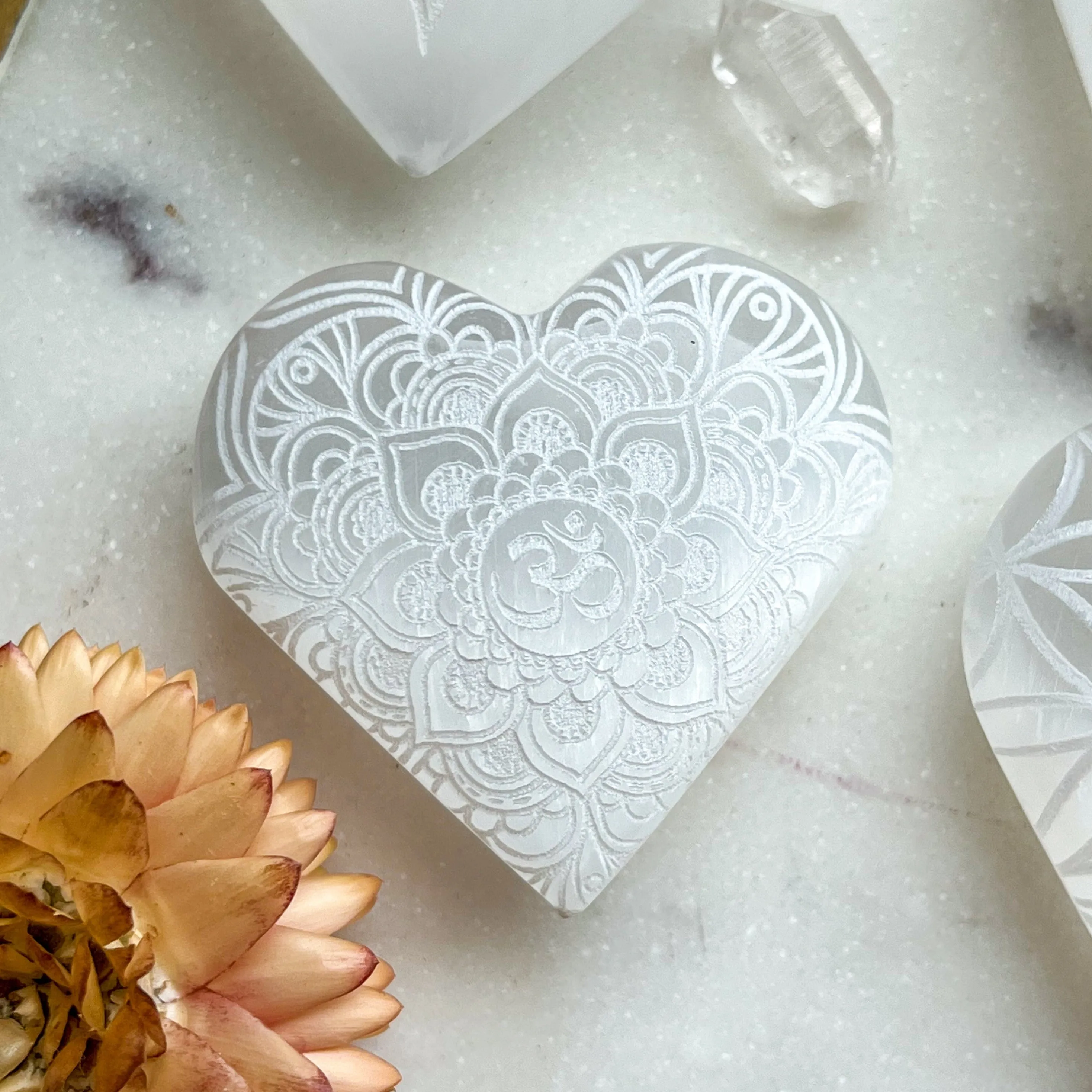 Reiki-Charged Engraved White or Peach Selenite Heart Palm Stone *Buy 3 Get 1 Free   BONUS Meditation*