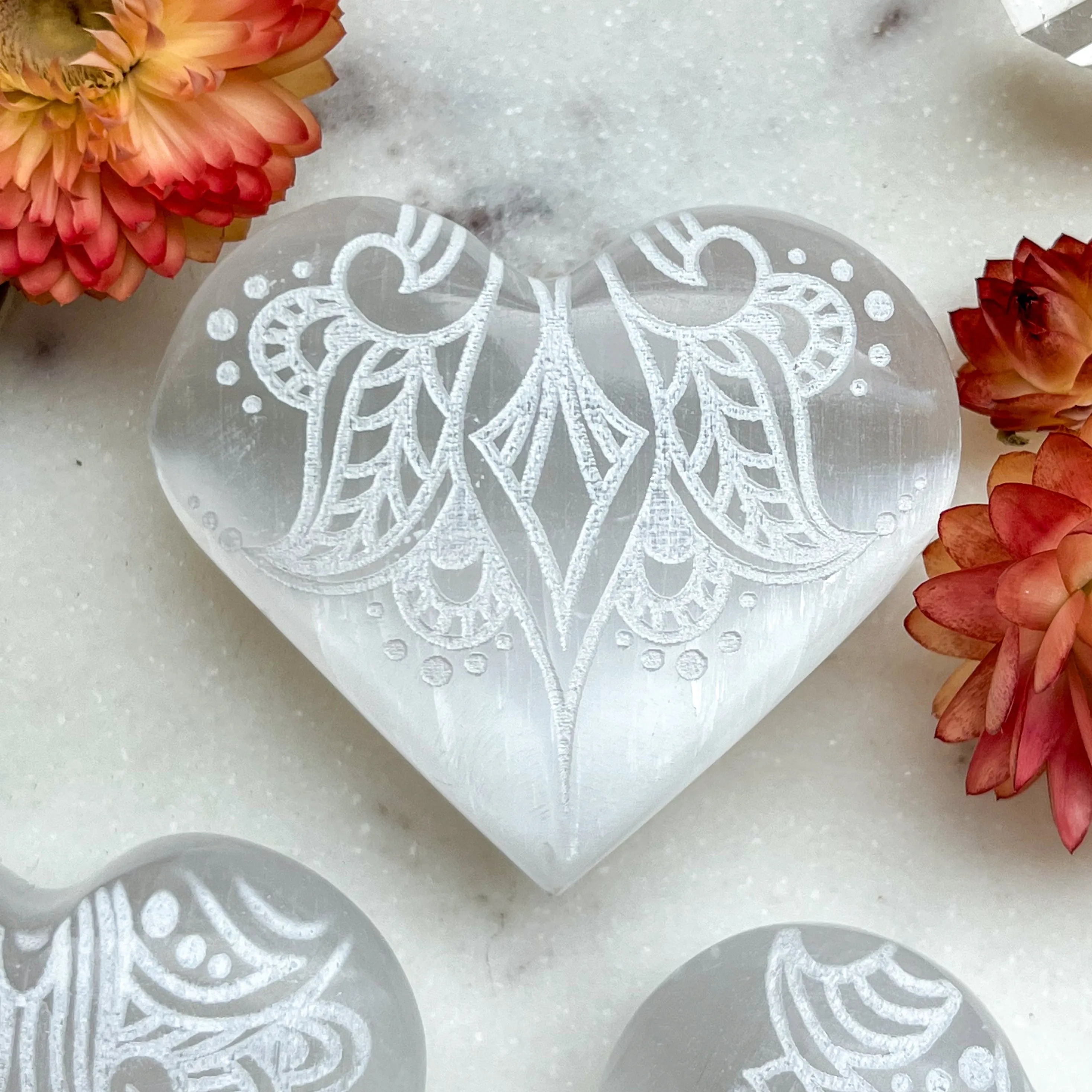 Reiki-Charged Engraved White or Peach Selenite Heart Palm Stone *Buy 3 Get 1 Free   BONUS Meditation*