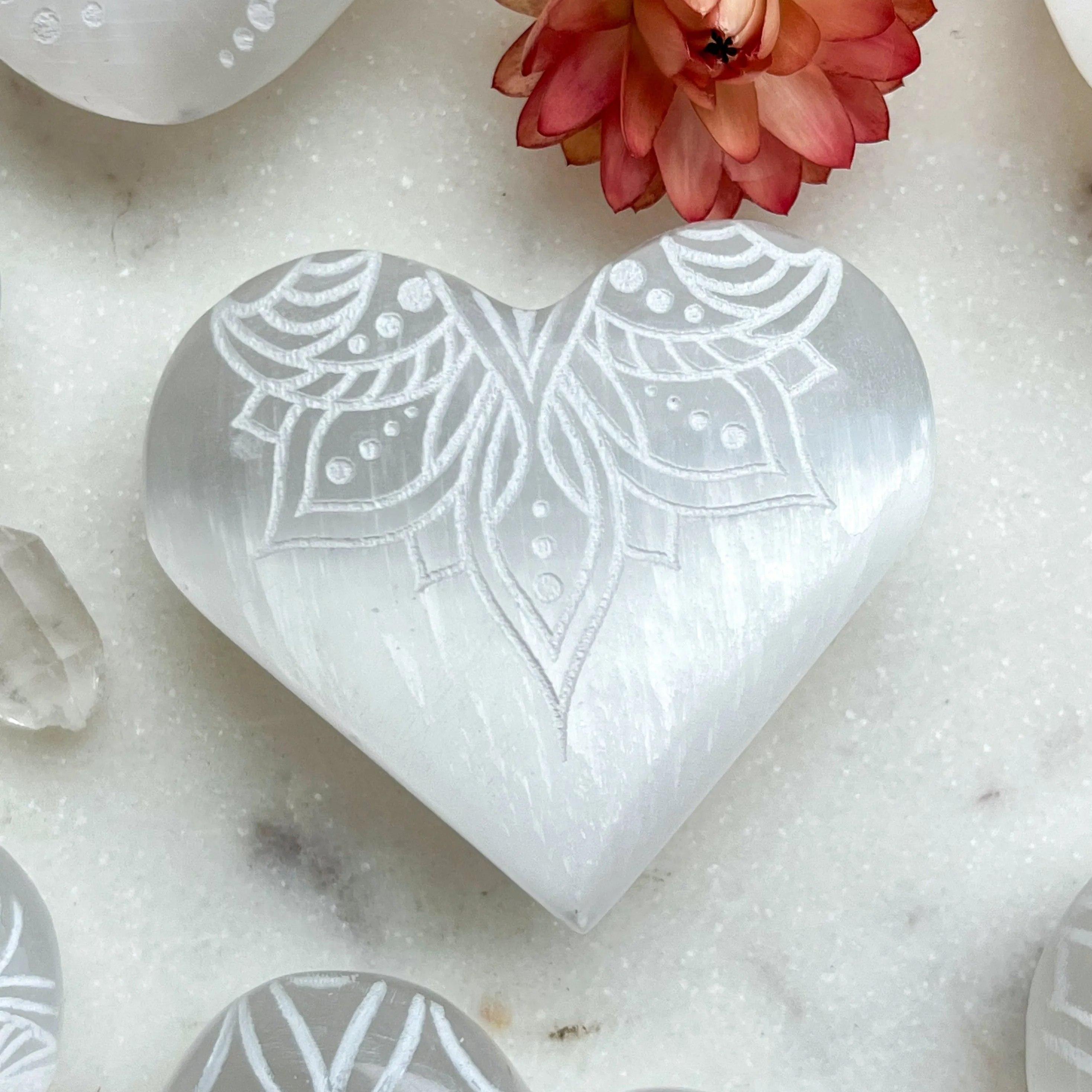 Reiki-Charged Engraved White or Peach Selenite Heart Palm Stone *Buy 3 Get 1 Free   BONUS Meditation*