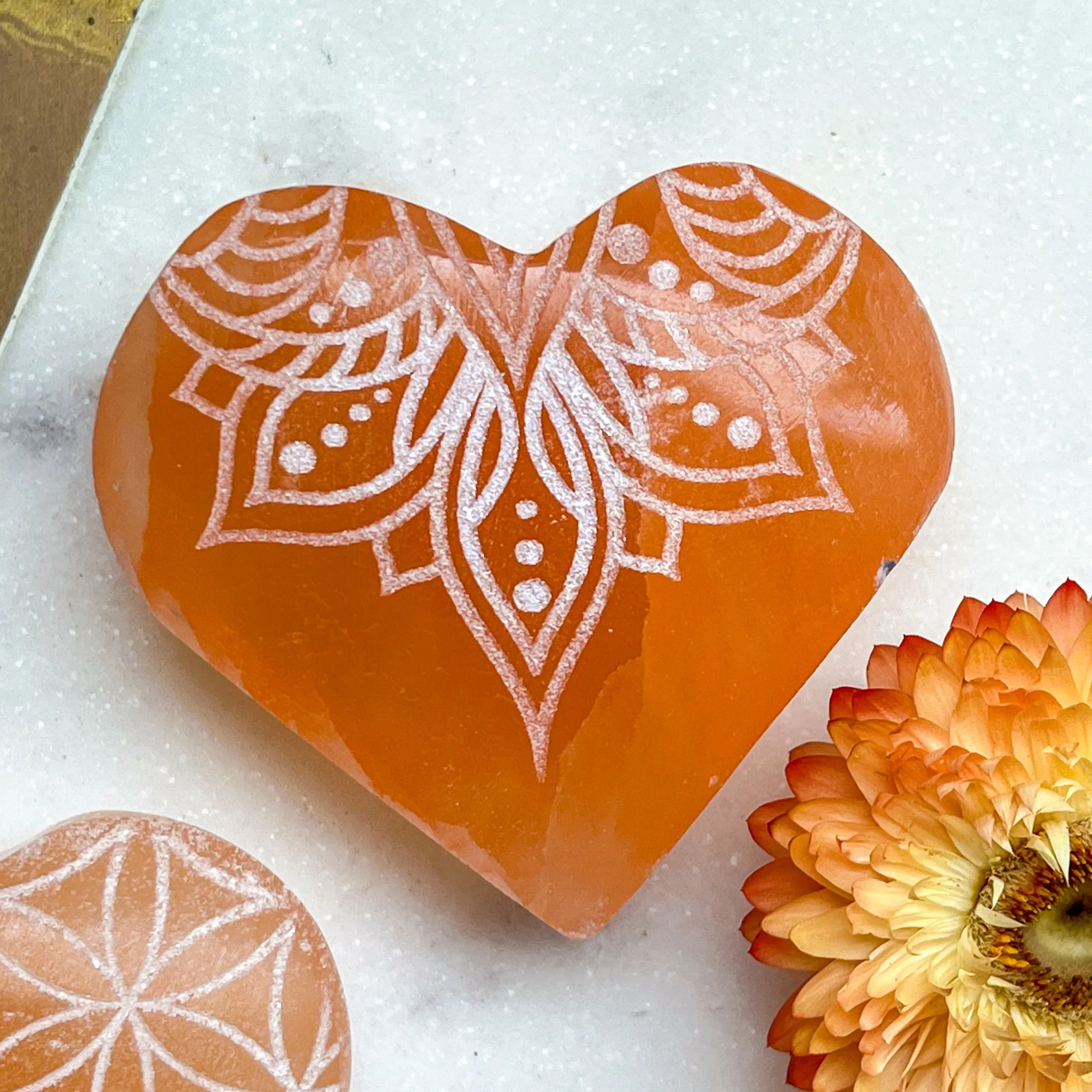 Reiki-Charged Engraved White or Peach Selenite Heart Palm Stone *Buy 3 Get 1 Free   BONUS Meditation*