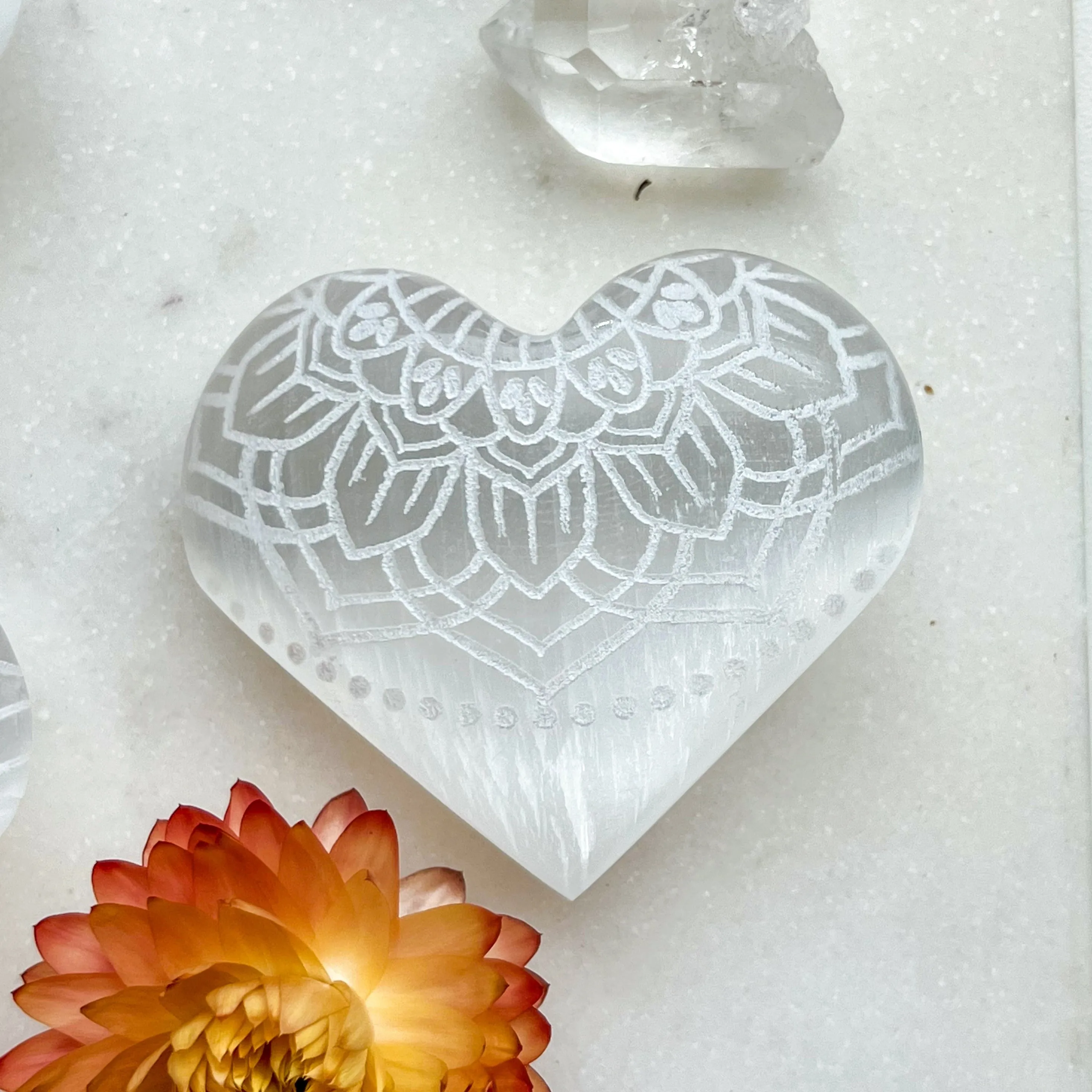 Reiki-Charged Engraved White or Peach Selenite Heart Palm Stone *Buy 3 Get 1 Free   BONUS Meditation*