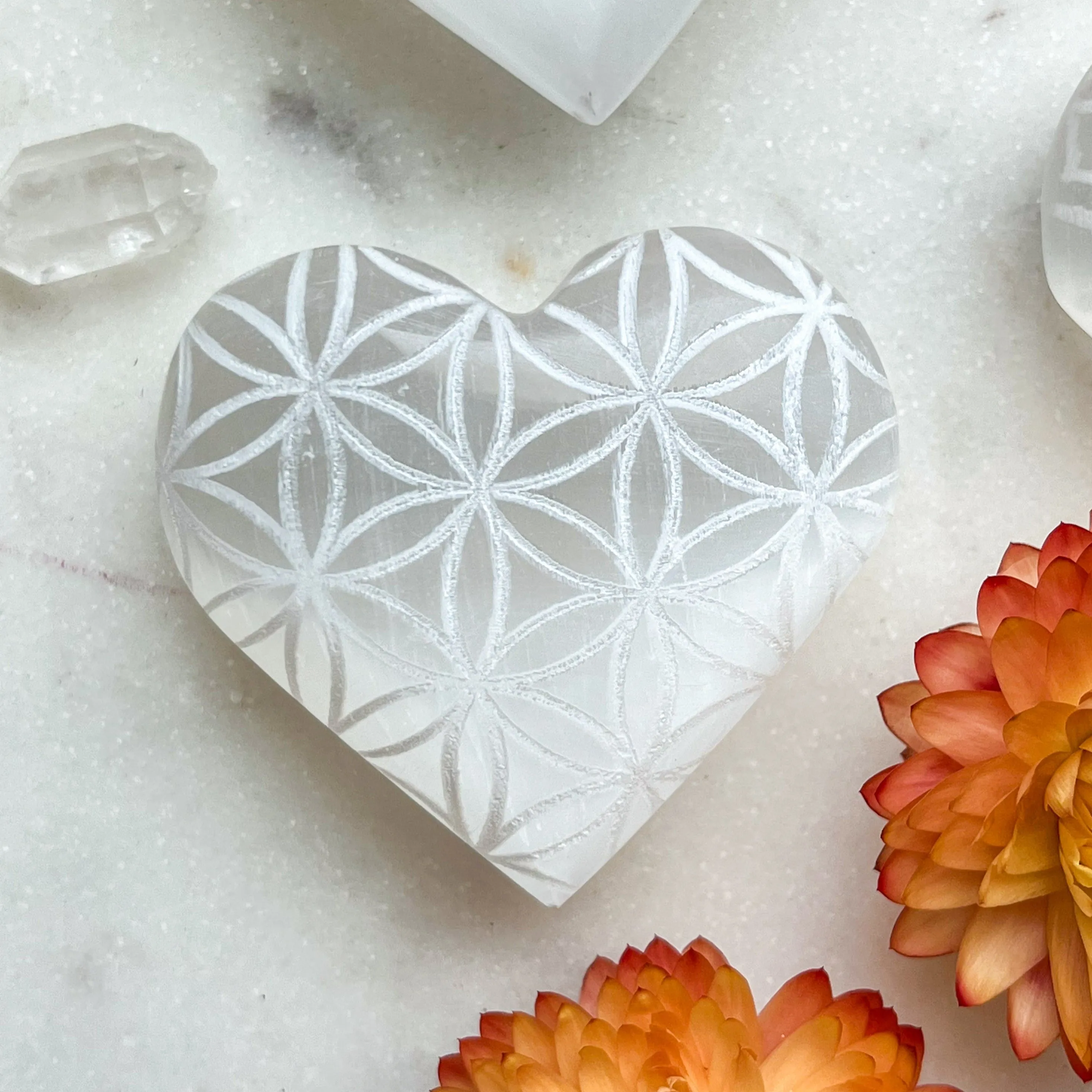 Reiki-Charged Engraved White or Peach Selenite Heart Palm Stone *Buy 3 Get 1 Free   BONUS Meditation*