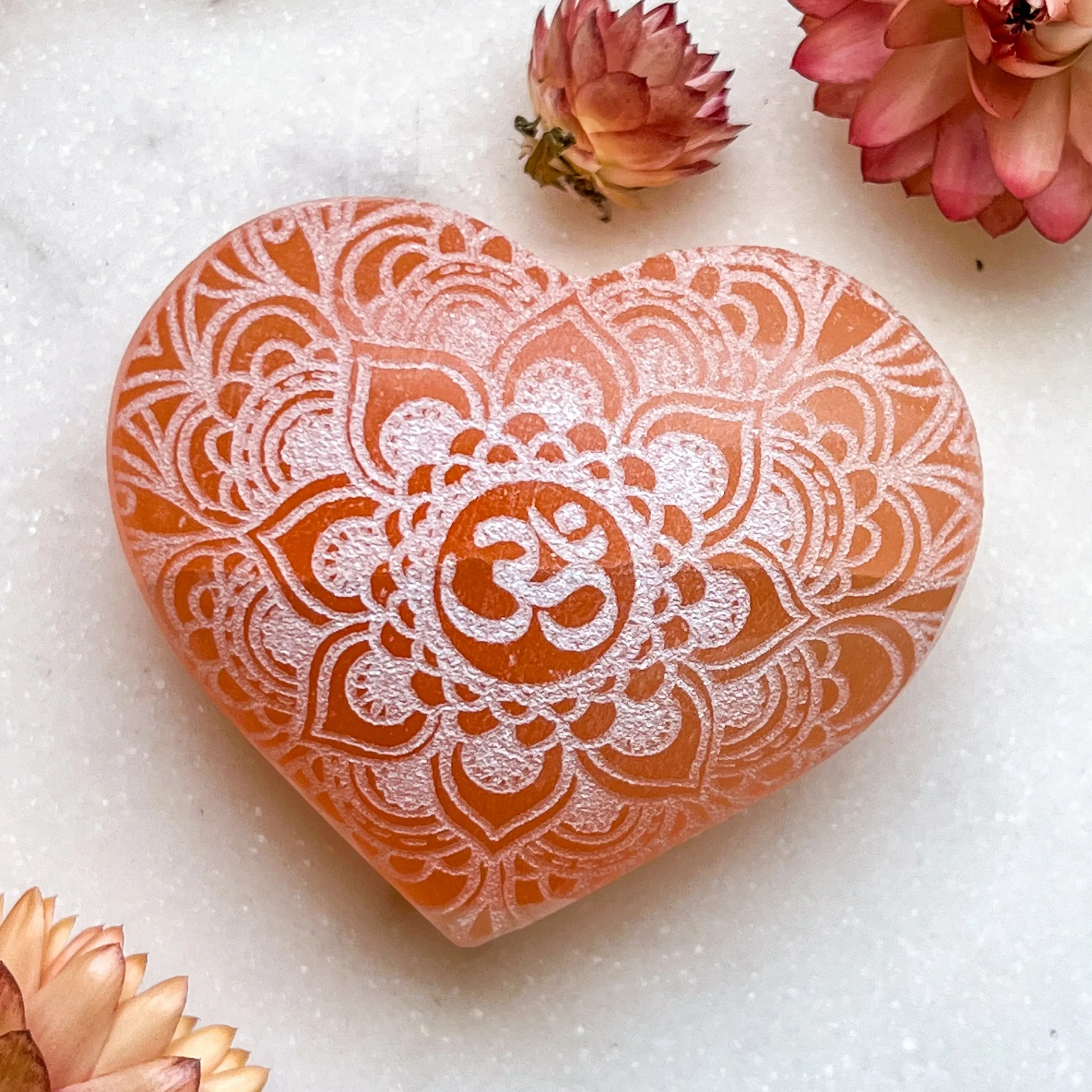 Reiki-Charged Engraved White or Peach Selenite Heart Palm Stone *Buy 3 Get 1 Free   BONUS Meditation*