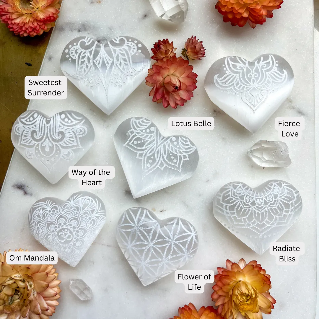 Reiki-Charged Engraved White or Peach Selenite Heart Palm Stone *Buy 3 Get 1 Free   BONUS Meditation*