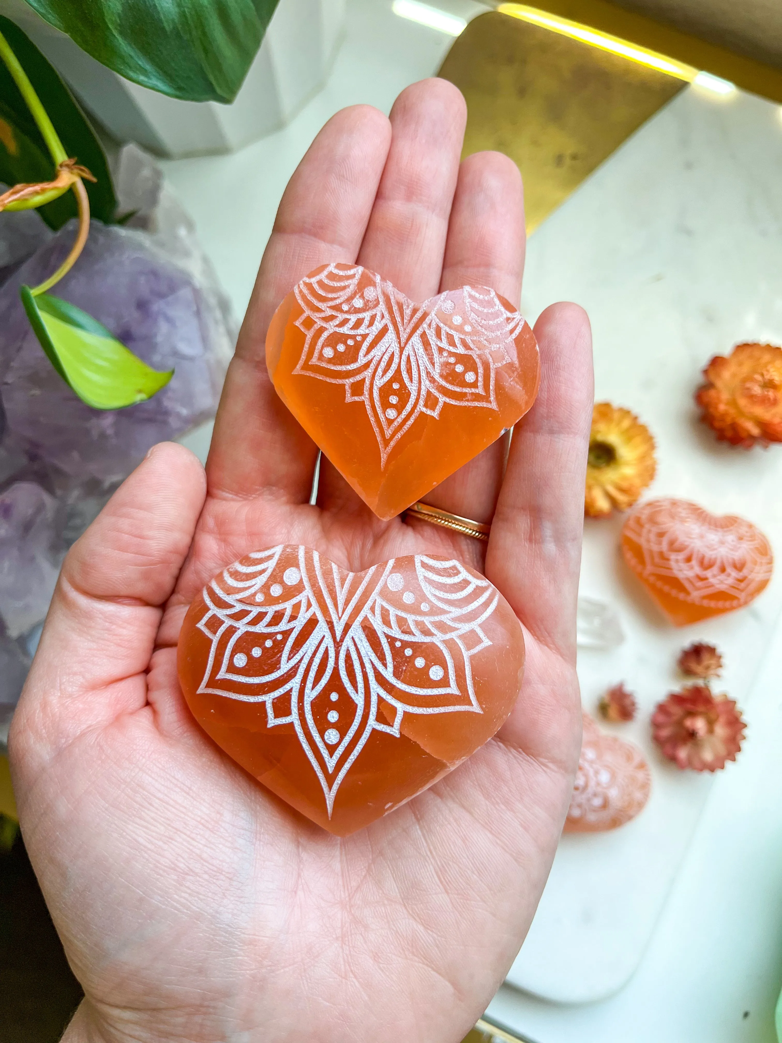 Reiki-Charged Engraved White or Peach Selenite Heart Palm Stone *Buy 3 Get 1 Free   BONUS Meditation*