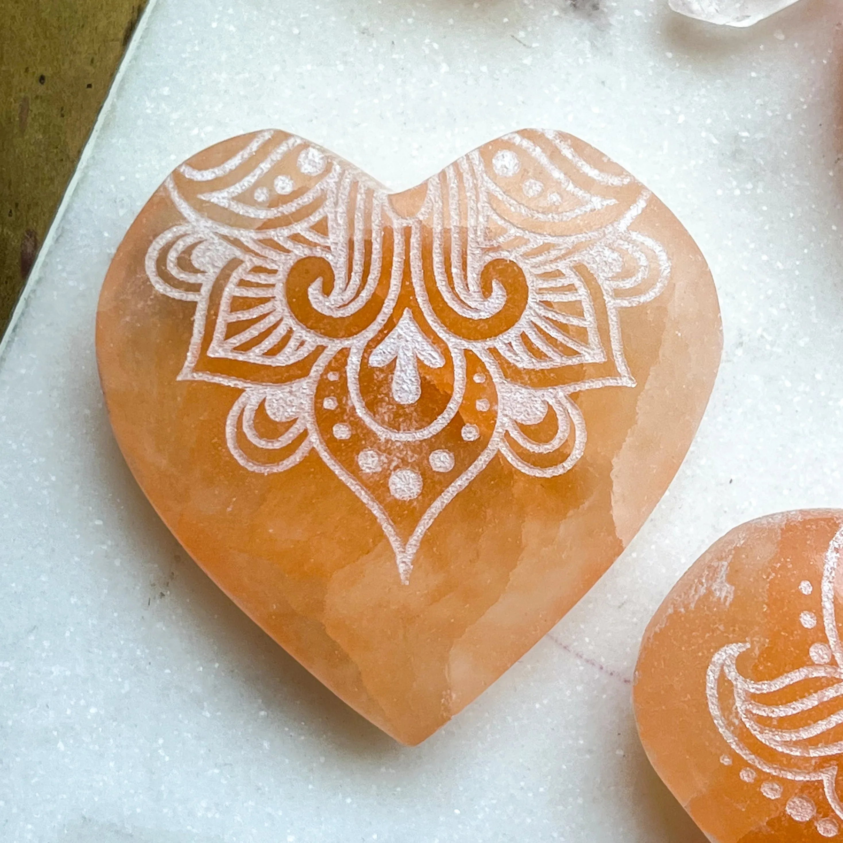 Reiki-Charged Engraved White or Peach Selenite Heart Palm Stone *Buy 3 Get 1 Free   BONUS Meditation*