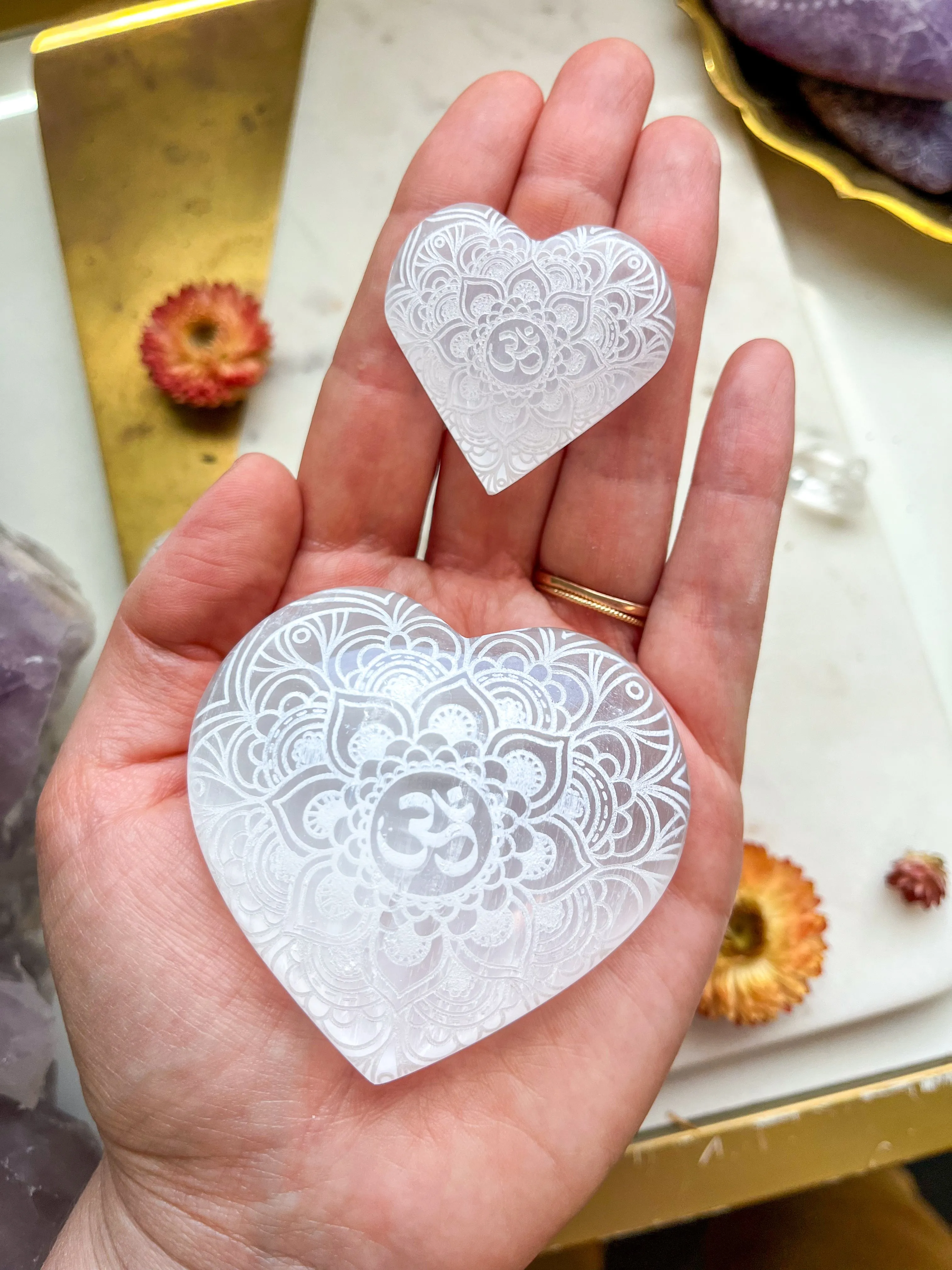 Reiki-Charged Engraved White or Peach Selenite Heart Palm Stone *Buy 3 Get 1 Free   BONUS Meditation*