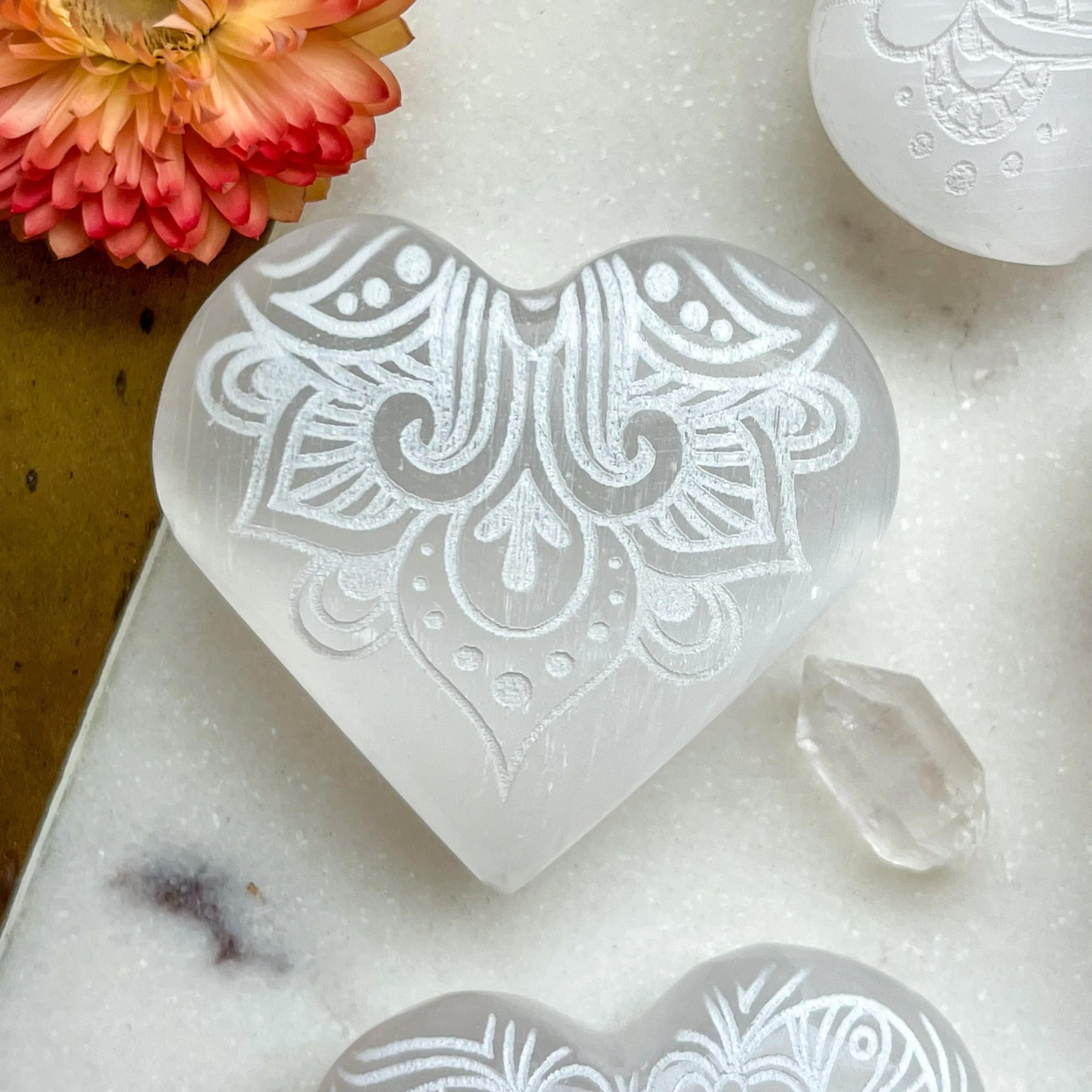 Reiki-Charged Engraved White or Peach Selenite Heart Palm Stone *Buy 3 Get 1 Free   BONUS Meditation*