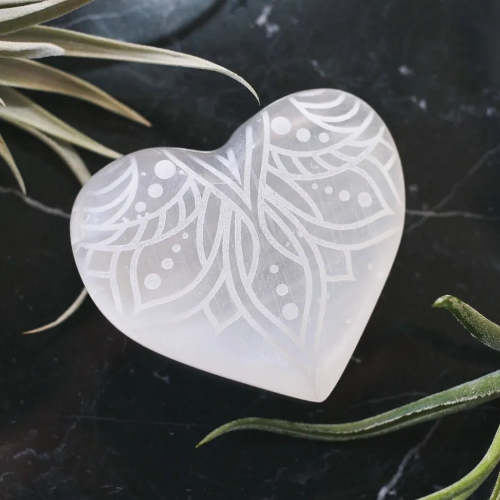 Reiki-Charged Engraved White or Peach Selenite Heart Palm Stone *Buy 3 Get 1 Free   BONUS Meditation*