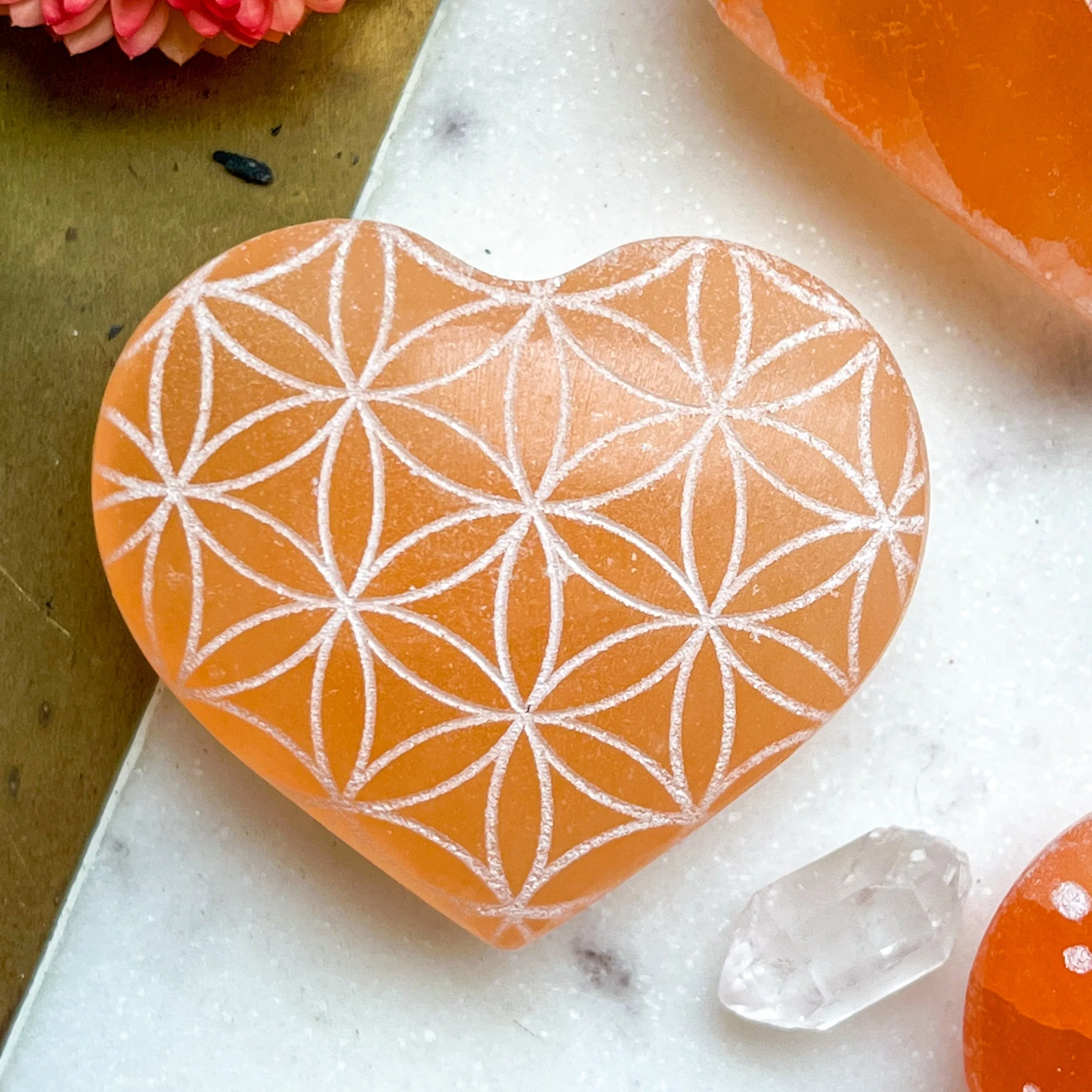 Reiki-Charged Engraved White or Peach Selenite Heart Palm Stone *Buy 3 Get 1 Free   BONUS Meditation*