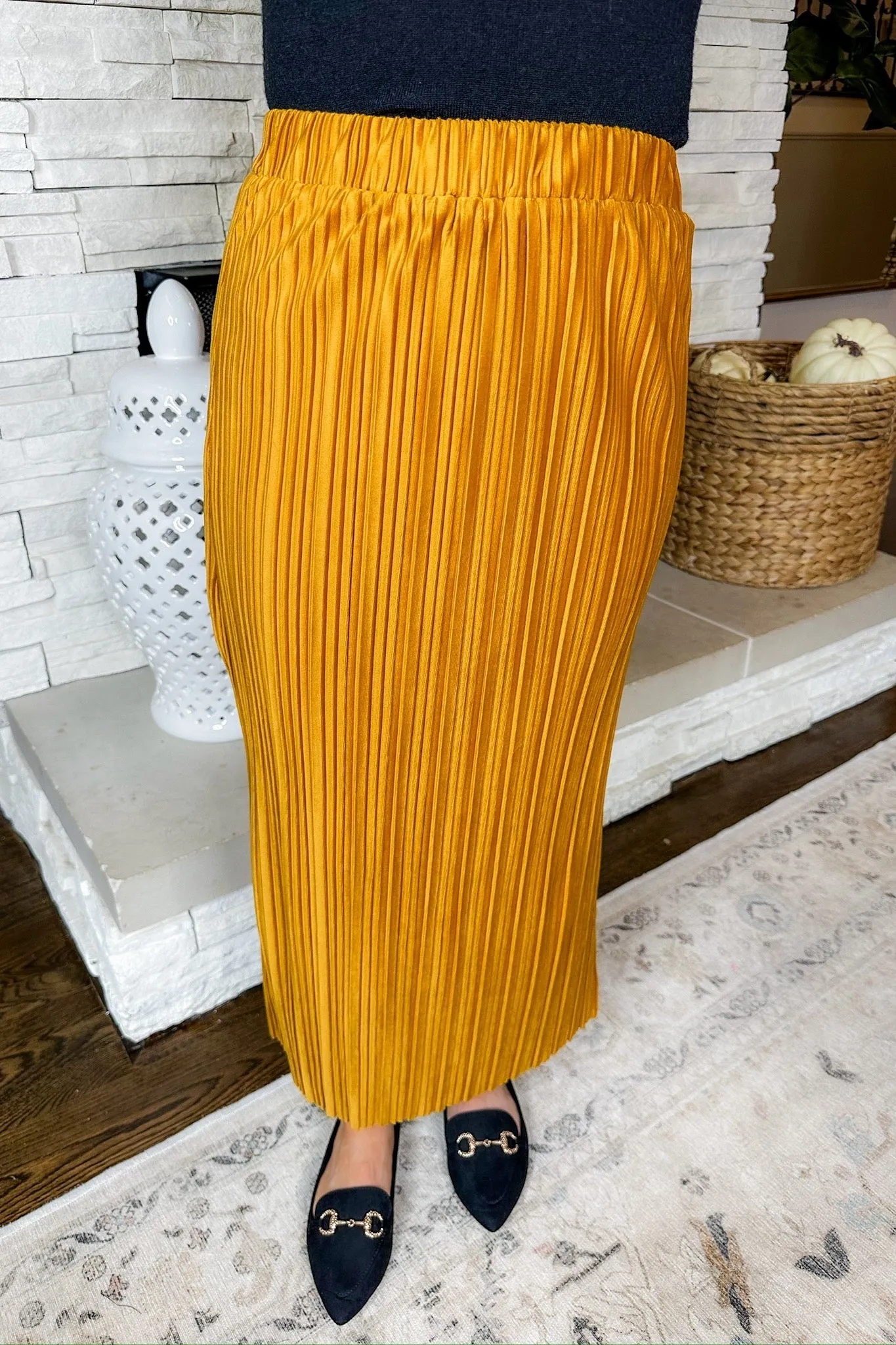 Ribbed Velvet Side Slit Mustard Pencil Skirt