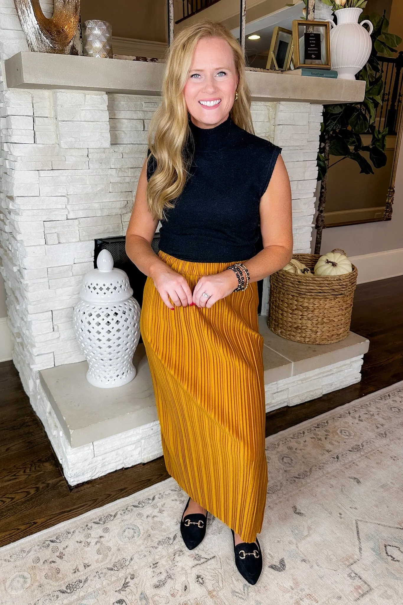 Ribbed Velvet Side Slit Mustard Pencil Skirt