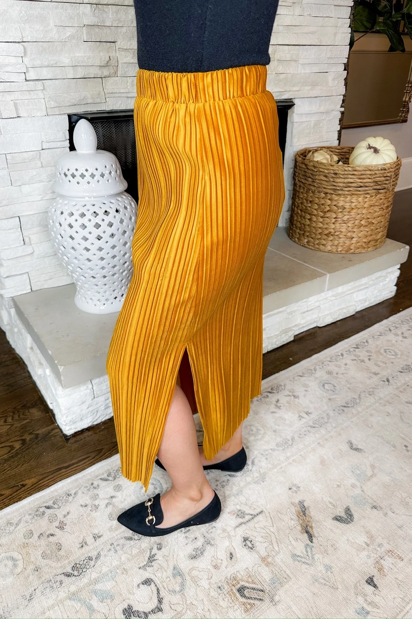 Ribbed Velvet Side Slit Mustard Pencil Skirt