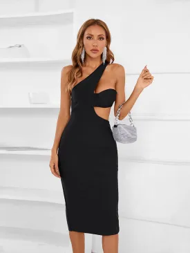 Simply Beautiful Black One-Shoulder Cutout Midi Dress