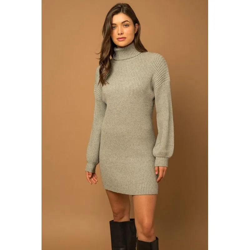 Turtle Neck Balloon Sleeve Sweater Dress