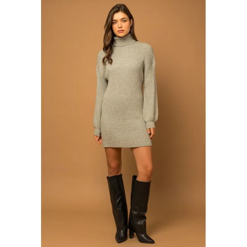 Turtle Neck Balloon Sleeve Sweater Dress