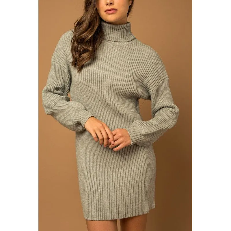 Turtle Neck Balloon Sleeve Sweater Dress