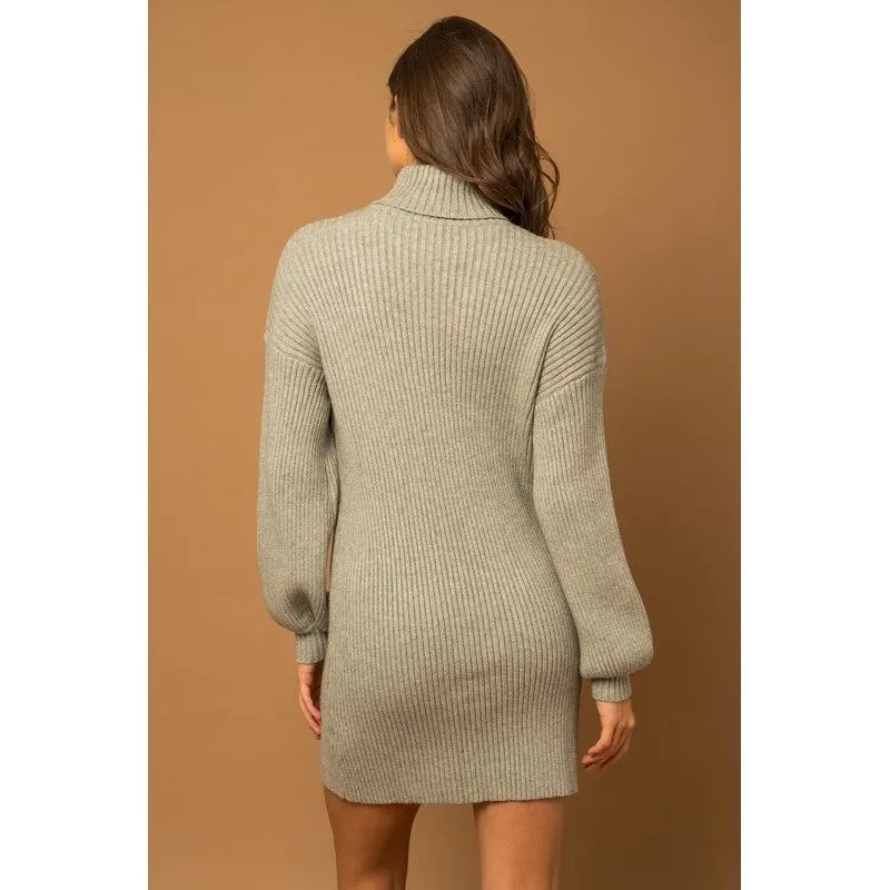Turtle Neck Balloon Sleeve Sweater Dress