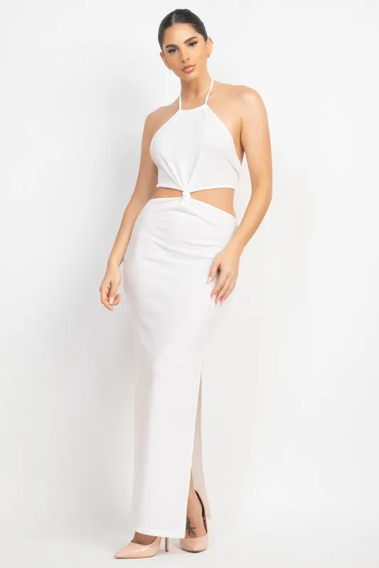 White Halter Neck Knot Cut-Out Maxi Dress