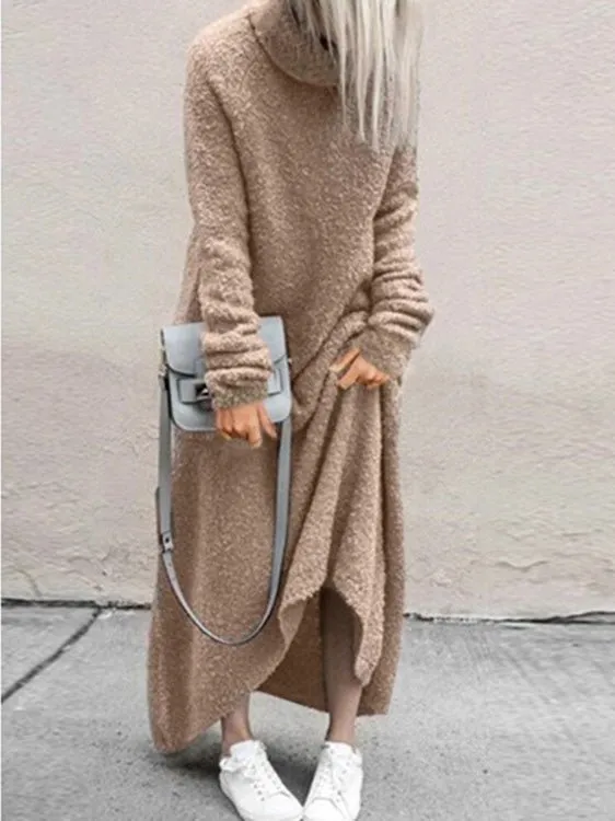 Women's Dresses Plush Solid Turtleneck Long Sleeve Dress